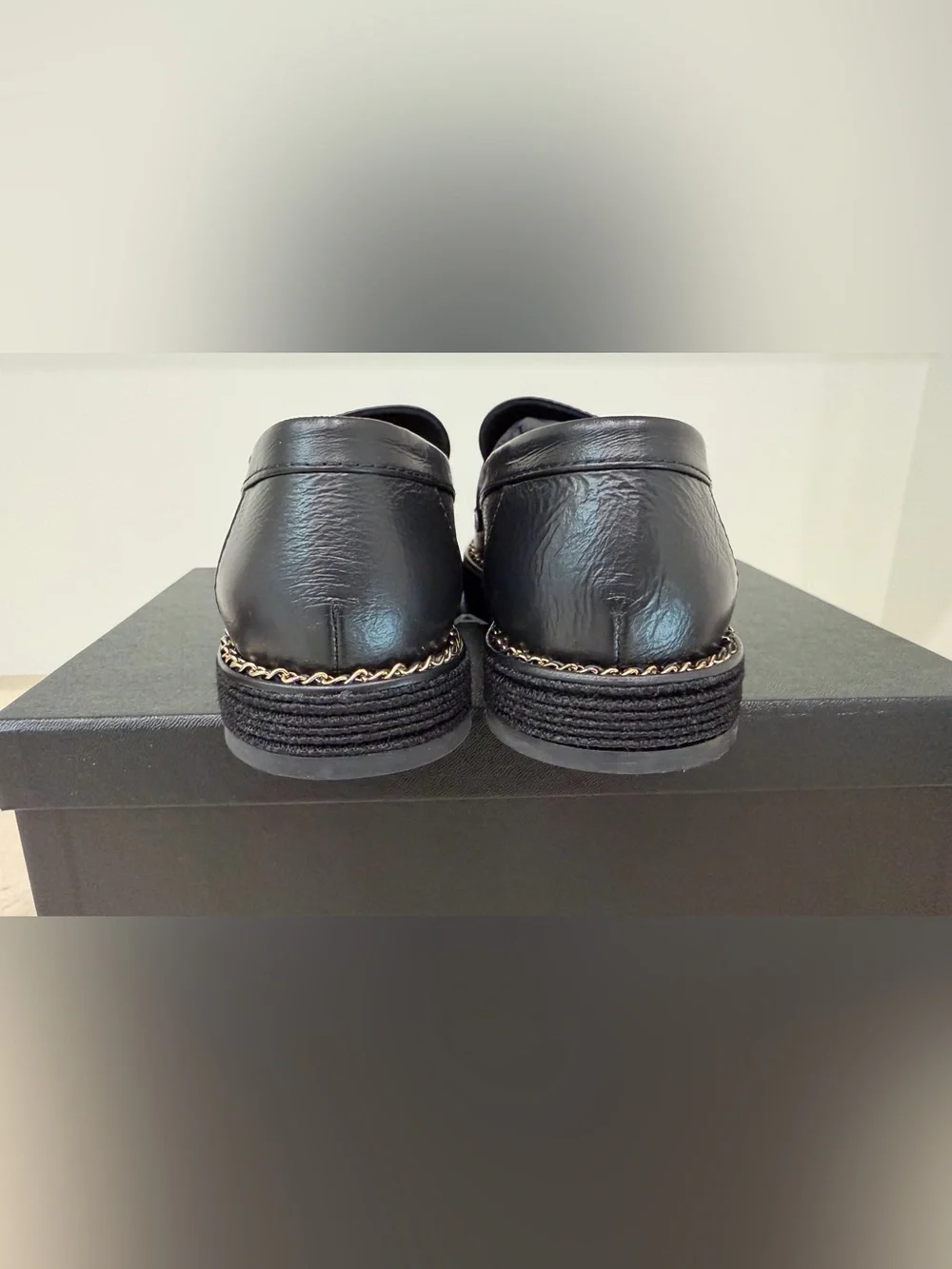 CHANEL Loafers in Black Leather w/ Gold Chain accents; Size 36